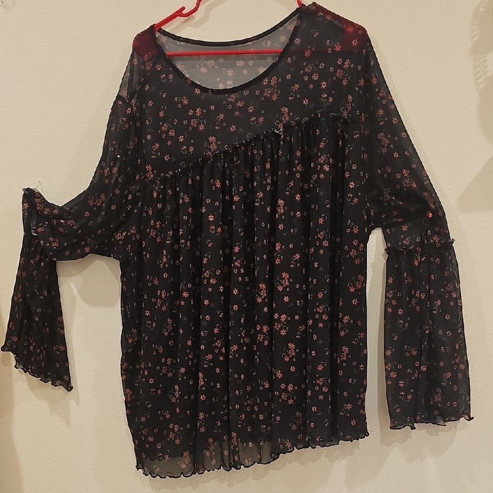 Torrid Black Floral Sheer Blouse